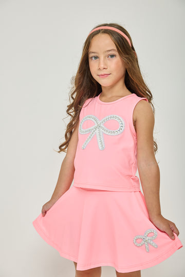 Pre-Order Neon Coral Crystal Bow Top & Skort Set
