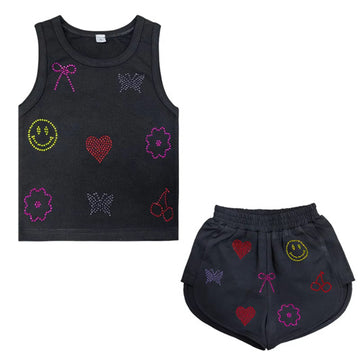 Pre-Order Black Crystal Charm Top & Short Set