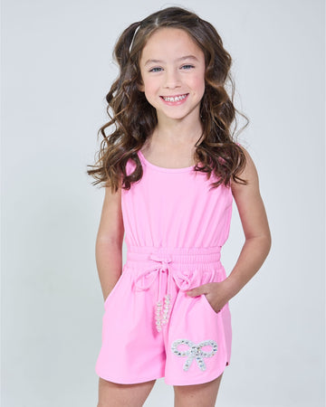Bright Pink Crystal Bow Jogger Short Romper