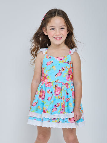 Dainty Floral Teal Tunic Dress & Short Set