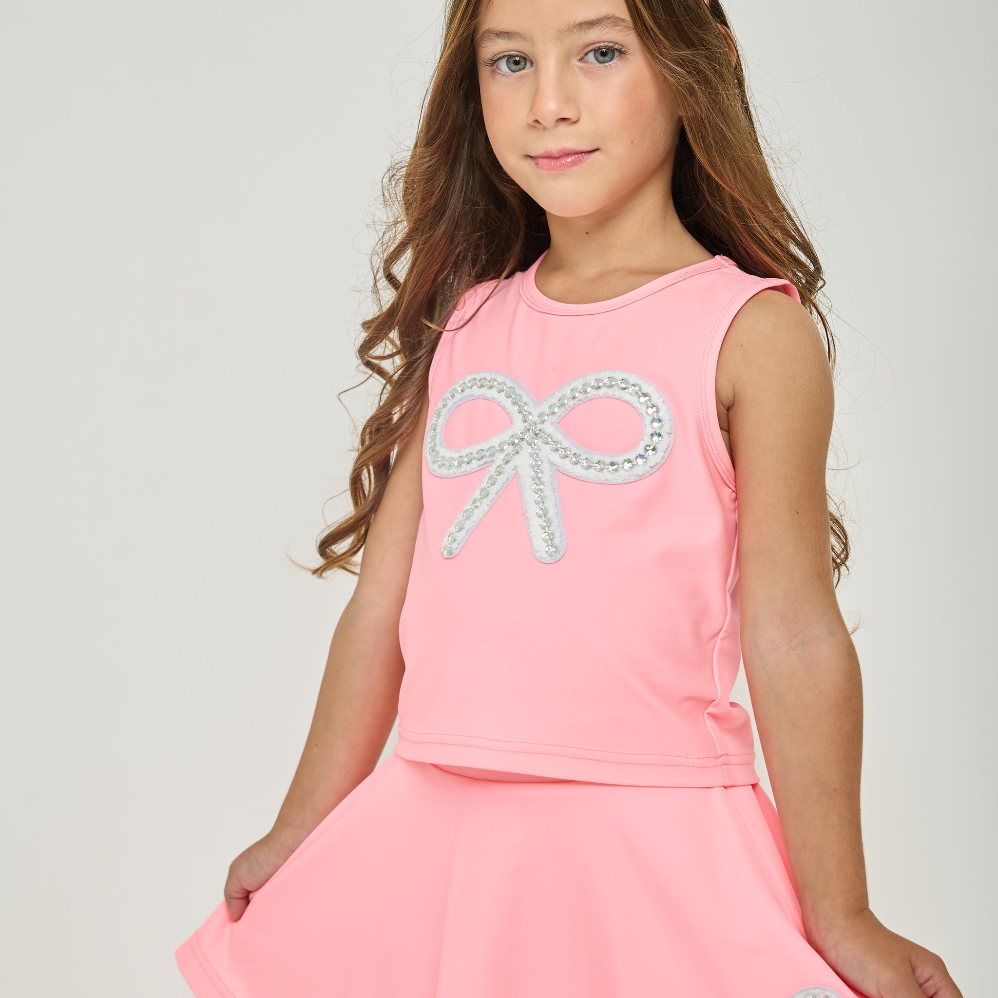 Pre-Order Neon Coral Crystal Bow Top & Skort Set