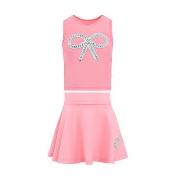 Pre-Order Neon Coral Crystal Bow Top & Skort Set