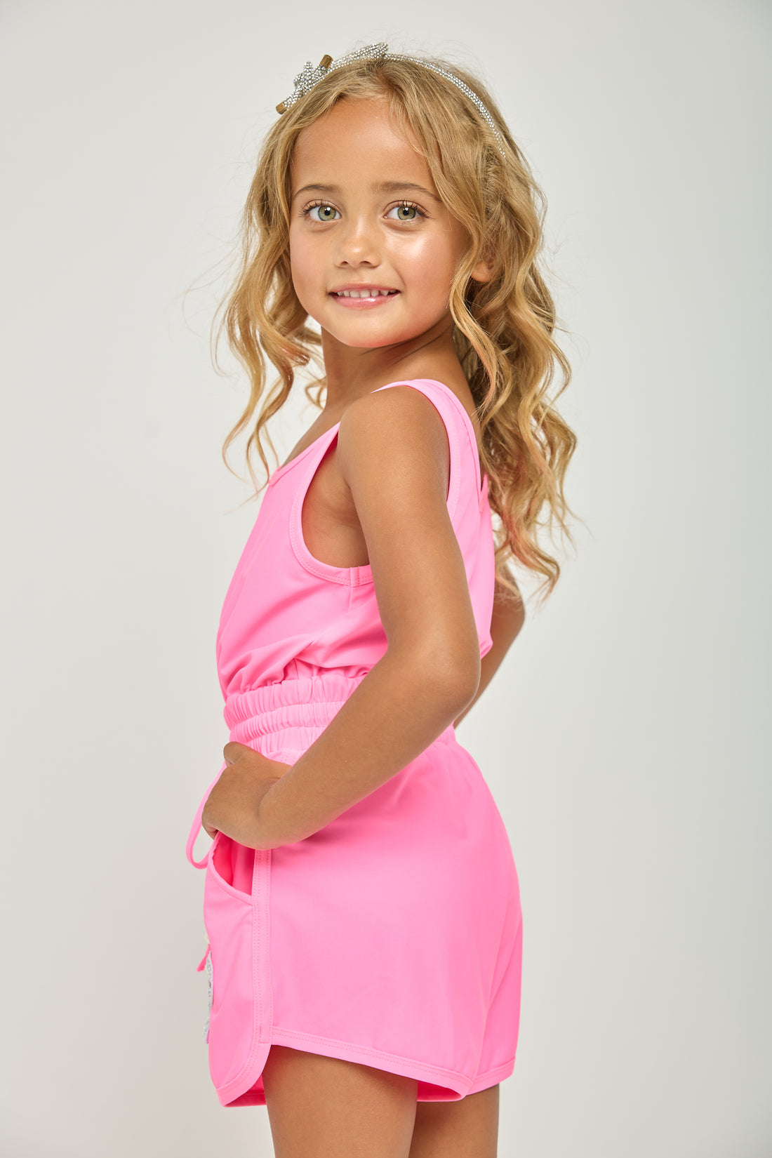 Pre-Order Neon Pink Crystal Bow Short Romper