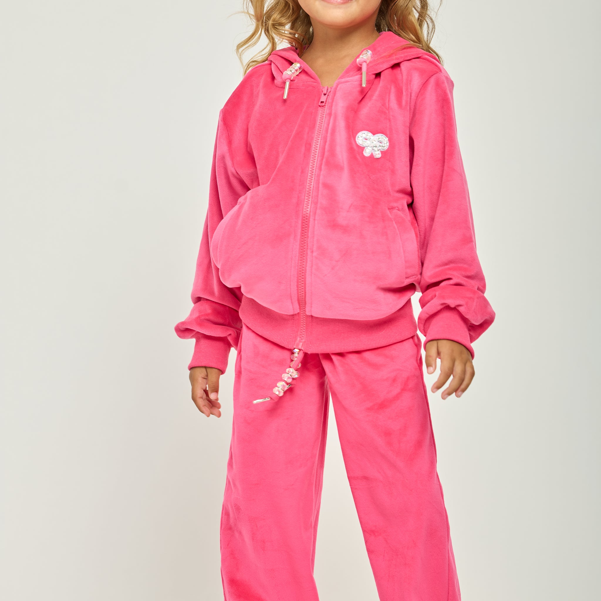 Dark Pink Plush Crystal Bow Jacket & Pant Set